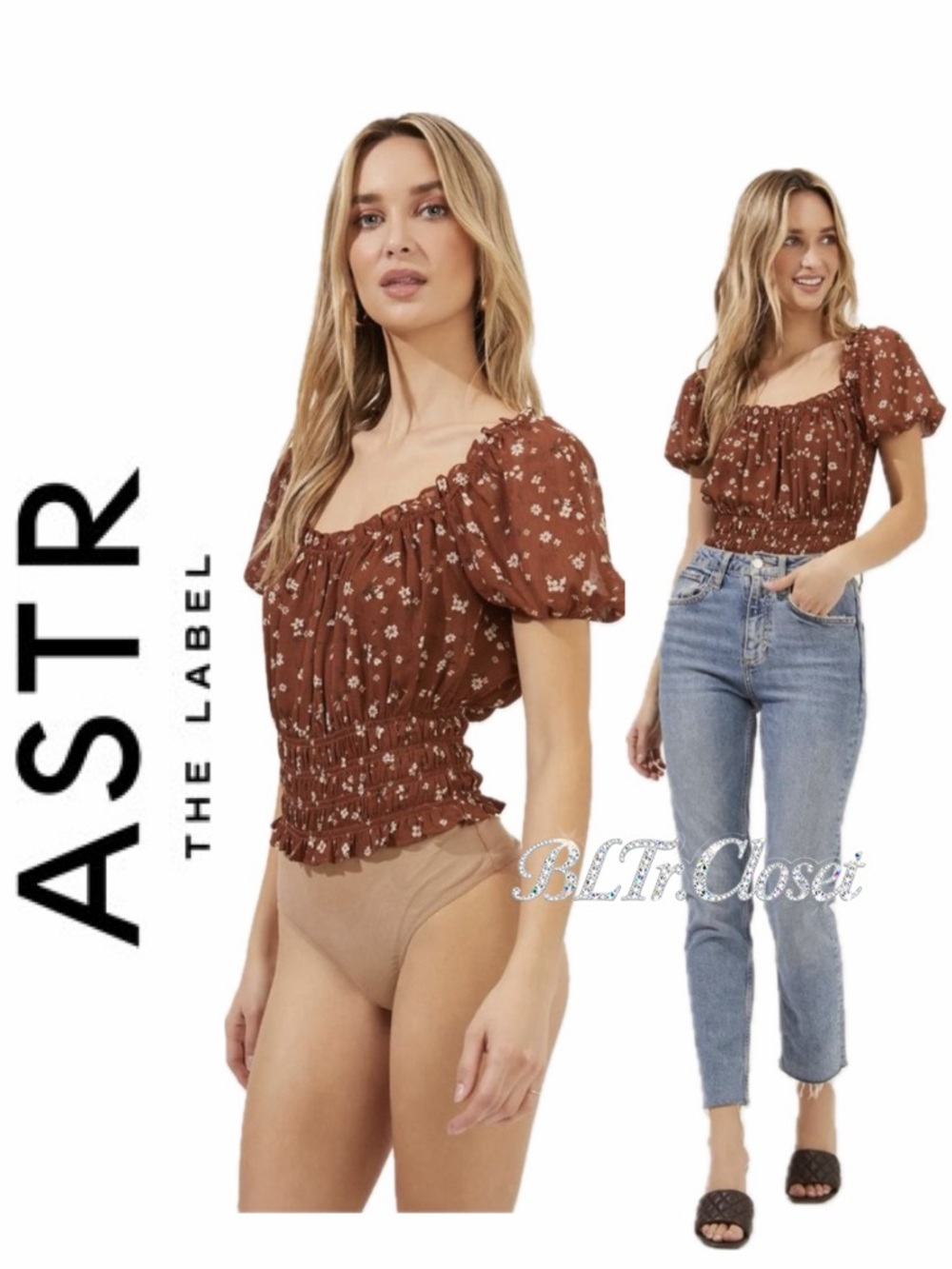 Astr Brown Floral‎ Smocked Bodysuit Puffed Sleeve  Ditsy Brown Sz S Western Boho